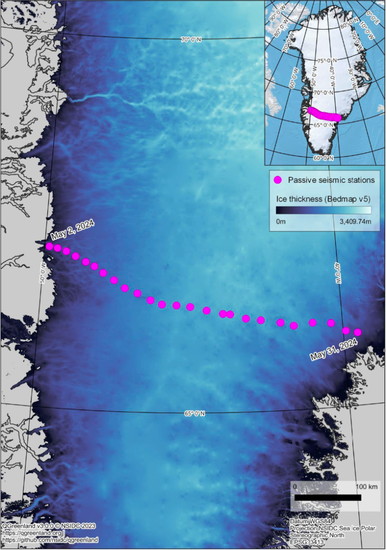 Figure 4. Passive seismic data locations (pink dots) overlaid over existing estimated ice thickness.